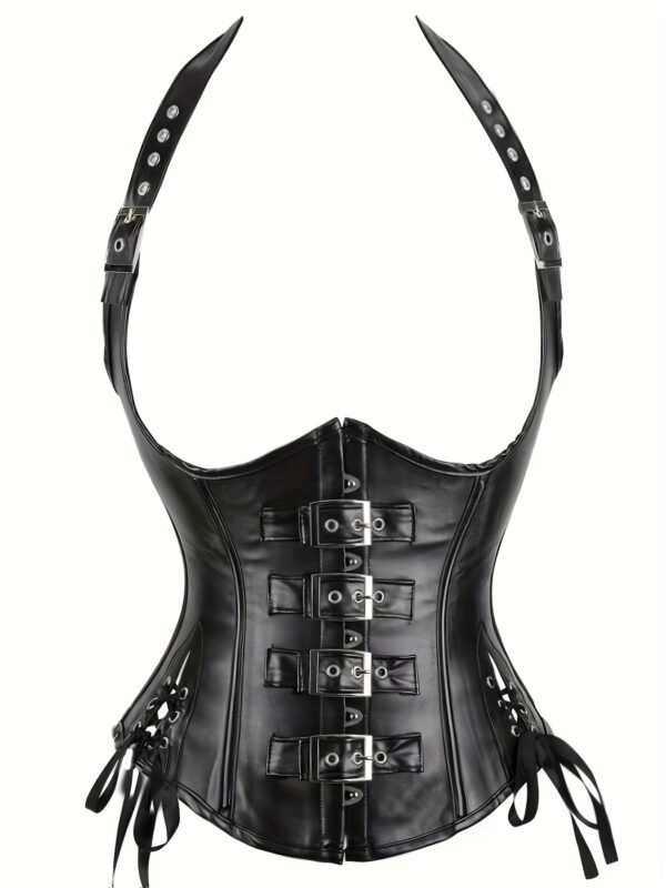 Cloudy.Lee Gothic Punk Corset for Women, Halter Neck, X-Contour, Regular Fit, Solid Color, Contrast Faux Fur Detail, Polyurethane 60%, Spandex 20%, Polyester 20%, 140g/m² Fabric Weight