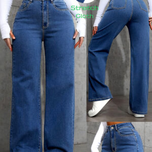 Women's High-Waisted Stretch Wide-Leg Jeans - Relaxed Fit Washed Denim, Button Closure Casual Pants for Casual Attire, All-Season Comfort (Machine Washable)