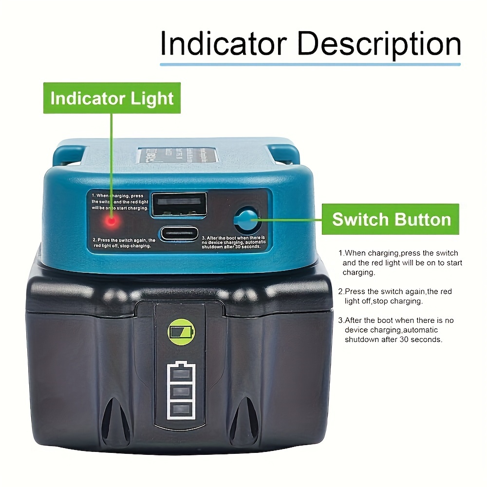 Makita 18V Lithium Battery Fast Charger Dock - Portable Adapter with 5V USB & 18W Type-C Ports, 1pc, Battery Adapter - Image 9