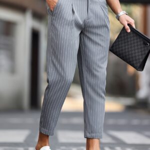 Men'S Casual Chic Striped Slim Fit Trousers with Flap Pockets - Light Gray, Polyester, All-Season Work Pants, Casual Attire|Striped Pattern|Polyester Fabric