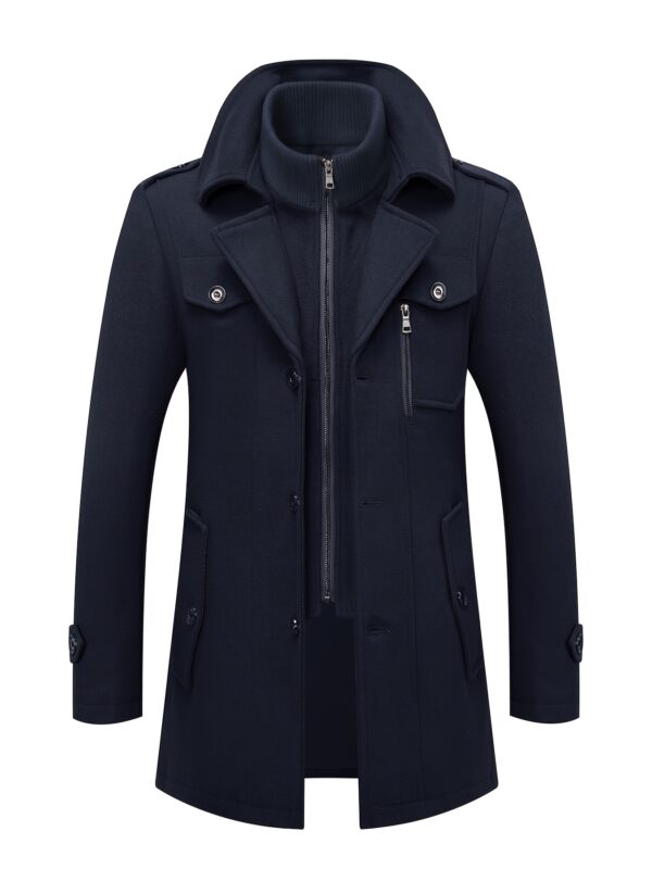 Men's Navy Blue Detachable Double-Breasted Trench Coat - Casual Wool Blend Overcoat with Zippered Pockets for Fall and Winter