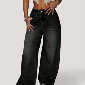 High-Waisted Wide-Leg Jeans for Women - Casual Denim Pants with Button Closure, 80% Blend, Water-Washed Texture, Loose Fit, Solid Color, All-Season Comfort