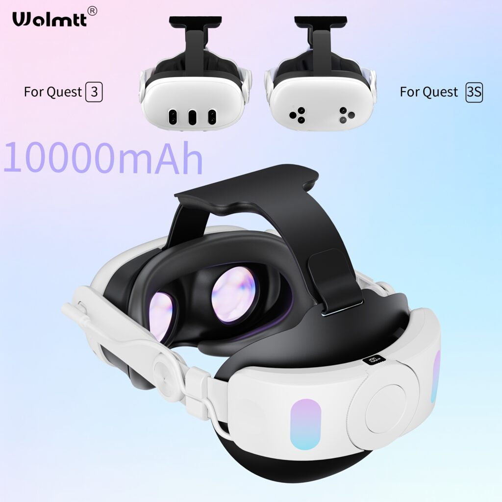 Wolmtt Adjustable Meta Quest 3/3S Headband with 10000mAh Rechargeable Battery, USB-C Charging, Ergonomic VR Headset Accessory for Extended Playtime, Virtual Reality Headset, Highquality Electronics