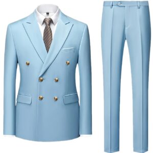 Men's Slim Fit Light Blue Double-Breasted Blazer & Pants Set - Elegant Evening Dress Suit for Business or Formal Occasions, 2pcs Polyester Fabric Outfit with Lapel Collar and Button Details, Formal Wear|Sleek Suit Design|Golden Button Accents