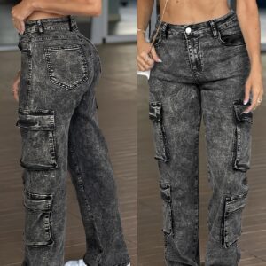 25AW Women'S Casual High-Waisted Cargo Pants with Multiple Pockets - Stretchy, Loose Fit, Mid-Waist Gray Jeans, Ideal for Everyday Wear, Comfortable Clothing|Casual Style Pants| Medium Stretch Fabric
