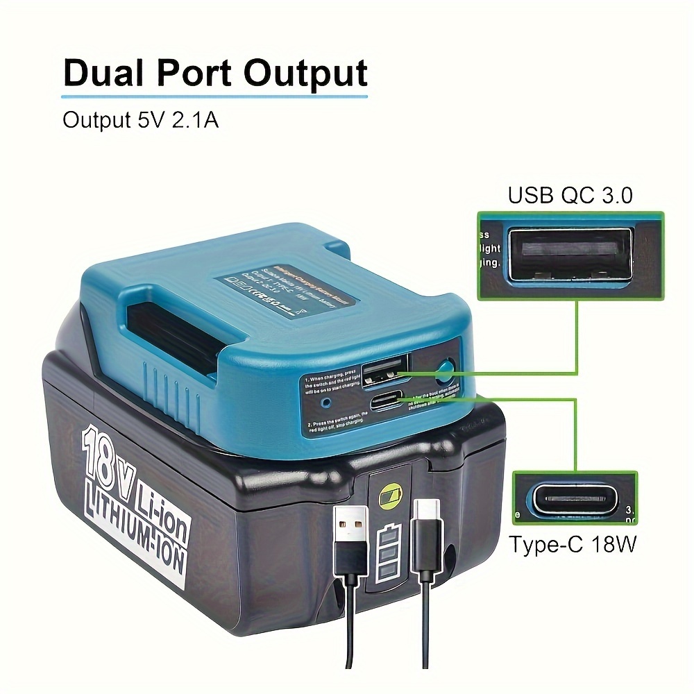 Makita 18V Lithium Battery Fast Charger Dock - Portable Adapter with 5V USB & 18W Type-C Ports, 1pc, Battery Adapter - Image 7
