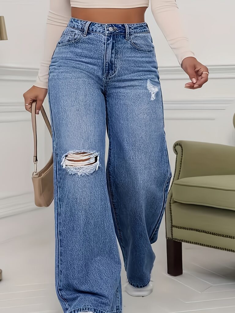 Casual Plain Ripped Denim Jeans, High Rise Button Fly Loose Fit Denim Pants, Women's Denim Jeans & Clothing