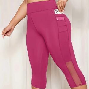 Women'S Plus Size High-Waisted Bermuda Shorts - Elegant Stretchy Fabric, Solid Color with Contrast Mesh Pockets, Capri-Length, Butt Lifting Design, Pink, Capri Shorts, Plus Size Short