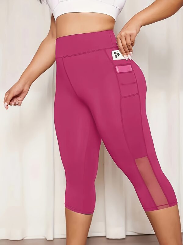Women'S Plus Size High-Waisted Bermuda Shorts - Elegant Stretchy Fabric, Solid Color with Contrast Mesh Pockets, Capri-Length, Butt Lifting Design, Pink, Capri Shorts, Plus Size Short