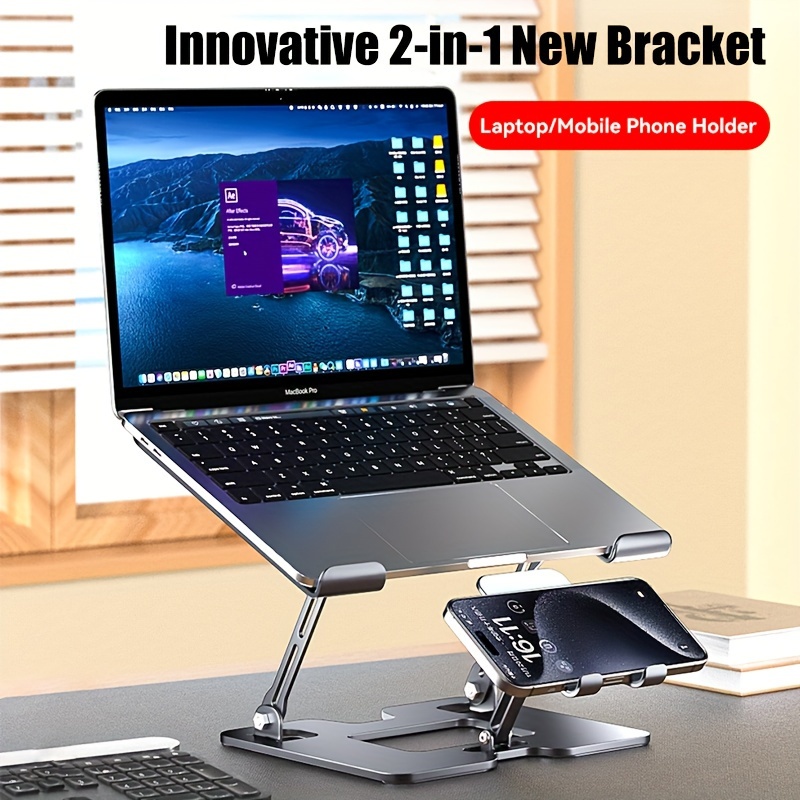 2-in-1 Adjustable Carbon Steel Stand For Phones, Laptops & Tablets - Foldable, Height-Adjustable With Enhanced Cooling Pad - Image 3