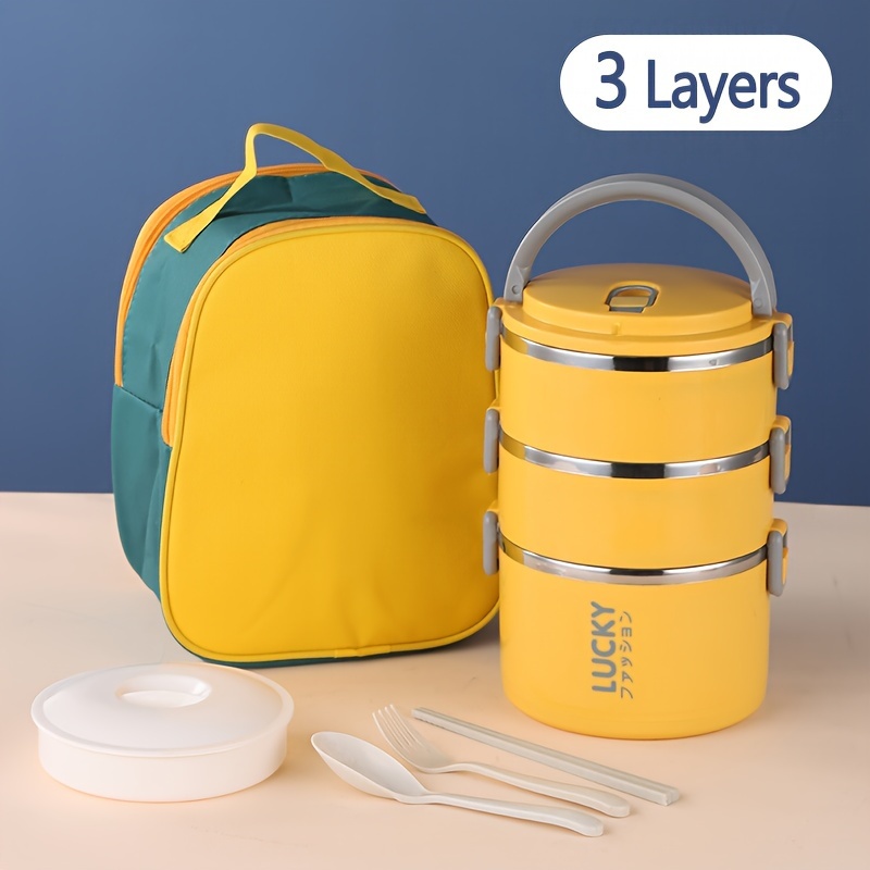 1 Set Stainless Steel Reusable Thermal Lunch Box, with Lunch Bag and Cutlery, Large Capacity Portable Insulated Bento Box, Suitable for School, Picnic, Camping, Students and Workers, Kitchen Supplies - 【Yellow】3 Layers + Vegetable Grid + Cutlery + Thermal Bag
