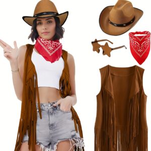 Women Hippie Costume 60s 70s Fringe Vest Tassel Vest for Carnival Halloween Cosplay Party, Western Cowgirl Costume for Women Cowboy, Halloween Carnival Party Cosplay Costumes