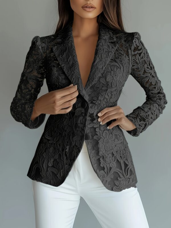 Elegant Black Lace Single-Breasted Blazer with Flap Collar - Polyester, Long Sleeve, Spring/Summer Fashion, No Belt, Stylish Women'S Blazer|Flap Collar Blazer|Polyester Blazer