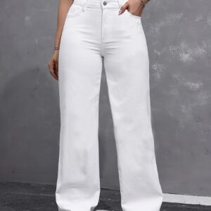 Women's High-Waisted Wide-Leg Jeans, White Fashionable Denim, Casual Loose Fit, Solid Color, Long Length, All-Season, Washed Out, Button Closure, for Everyday Wear