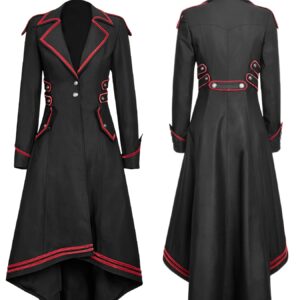 Black Steampunk Retro Women's Tailcoat with Red Trim - Button-Up Gothic Coat with Flared Sleeves, High-Low Hemline & Belted Waist - Perfect for Halloween, Cosplay & Casual Wear, Structured Fabric Design, Goth Accessories
