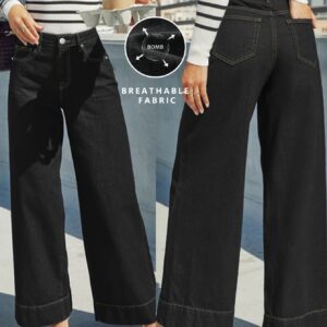 Women'S High Stretch Denim Wide Leg Jeans - Elegant Blue Washed Straight Leg, Mid Rise Comfort Trousers with Button Fly, Soft Breathable Fabric, Versatile Casual & Mature Style, Straight Leg Cut, Long Length Jeans | Classic Blue | High Elasticity Fabri