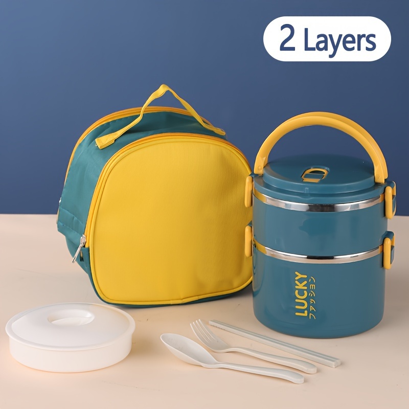 1 Set Stainless Steel Reusable Thermal Lunch Box, with Lunch Bag and Cutlery, Large Capacity Portable Insulated Bento Box, Suitable for School, Picnic, Camping, Students and Workers, Kitchen Supplies - 【Blue】2 Layers + Vegetable Grid + Cutlery + Thermal Bag