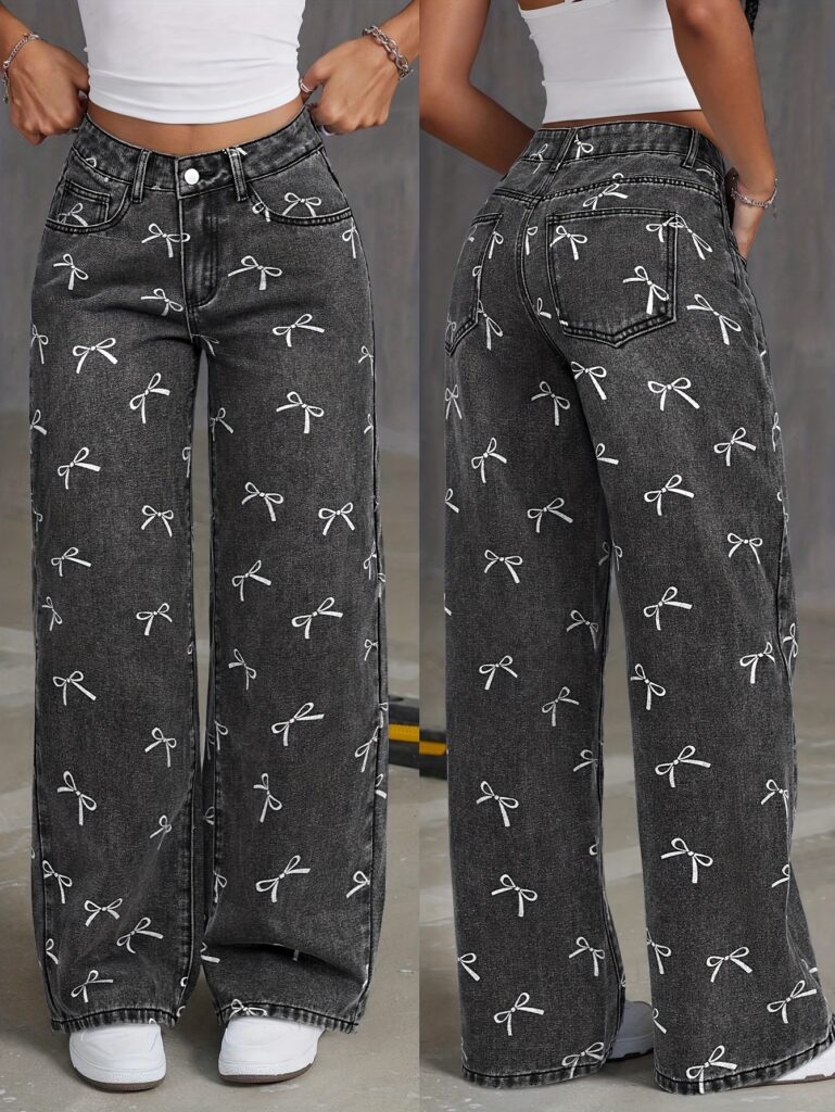 Printed Women's gray wide leg jeans