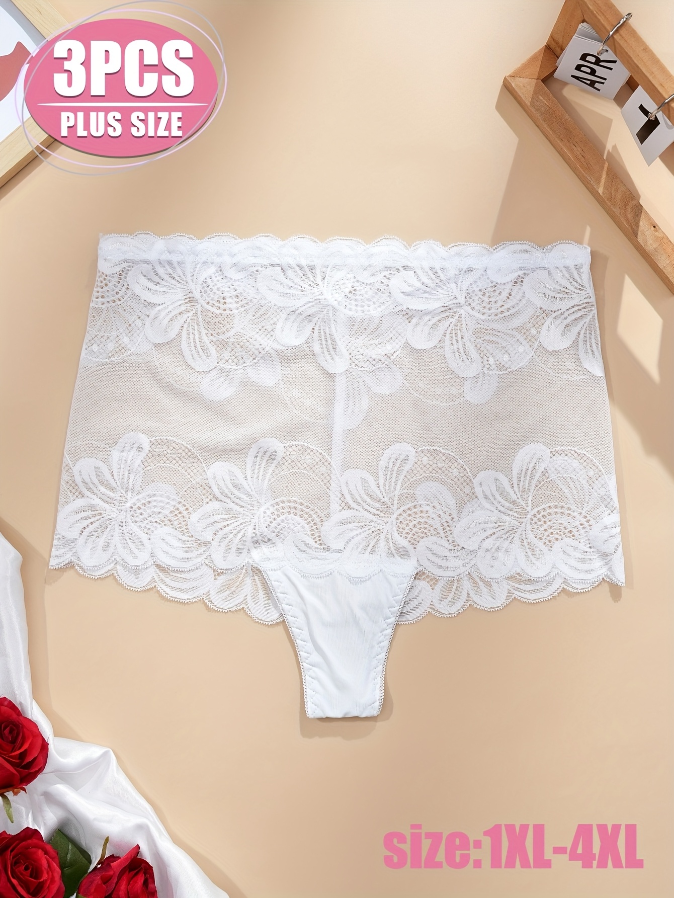3pcs Plus Size Lace Thong Set for Women - High Stretch Comfort, Contrast Lace Detail, 1XL-4XL, White, Black, and Pink Options, Plus Size Lacewear | Lace Thong Set | Comfortable Fit, Plus Size Underwear - Image 5