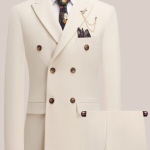 Men'S Beige Double-Breasted Suit with Peaked Lapels - Formal Business & Wedding Attire, Non-Stretch Polyester Blend, Double-Breasted Jacket with Four Buttons, Matching Pants, Wedding Attire|Classic Fit|Polyester Blend