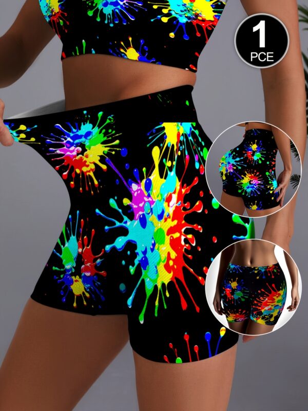 1pc Women's High-Waisted Capri Leggings - Vibrant Paint Splatter Print, 92% Nylon/8% Elastane, Tummy Control & Butt-Lifting Workout Shorts for Yoga, Cycling, Gym - Breathable, High Support, Hand Wash Only