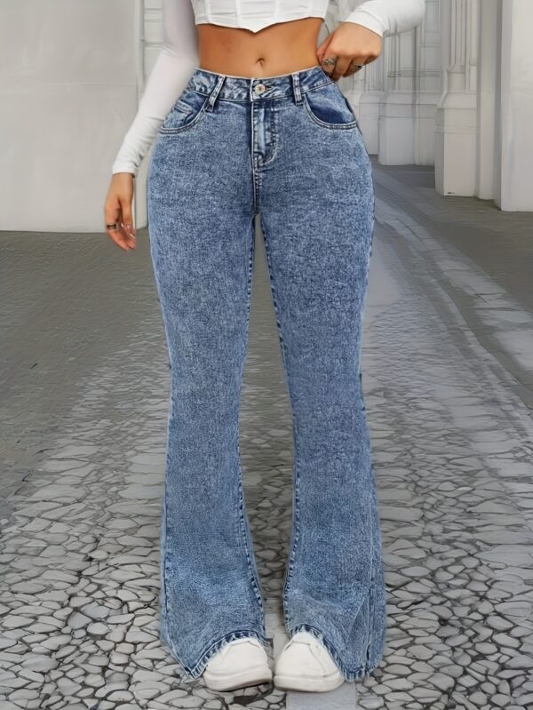 Plain Bootcut Washed Blue Casual Style Zipper Button Closure Denim Pants, Women's Denim Jeans & Clothing