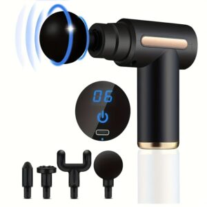 A Portable LCD Massage Gun with Four Attachments, Available in Four Colors, Featuring Six Speed Settings And Four Massage Heads, Ideal for Deep Tissue Massage of The Back, Neck, Legs, And Lower Back, Making It a Perfect Gift for Both Men And Women.