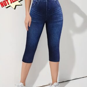 Plus Size Imitation Denim Capri Pants - Digital Print Tight-Fit Mid-Length Leggings, Machine Washable All-Season Casual to Dressy Non-See-Through Women's Fashion, Versatile Clothing, Smooth Texture Fabric