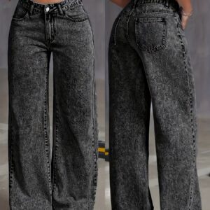 Women's High-Waisted Straight Leg Stretch Denim Jeans - Classic Comfort Fit, Snowflake Wash, All-Season Casual Wear, Black Distressed Denim with Raw Hem Detail, Casual Denim Wear | Classic Comfort Jeans | Cotton Jeans