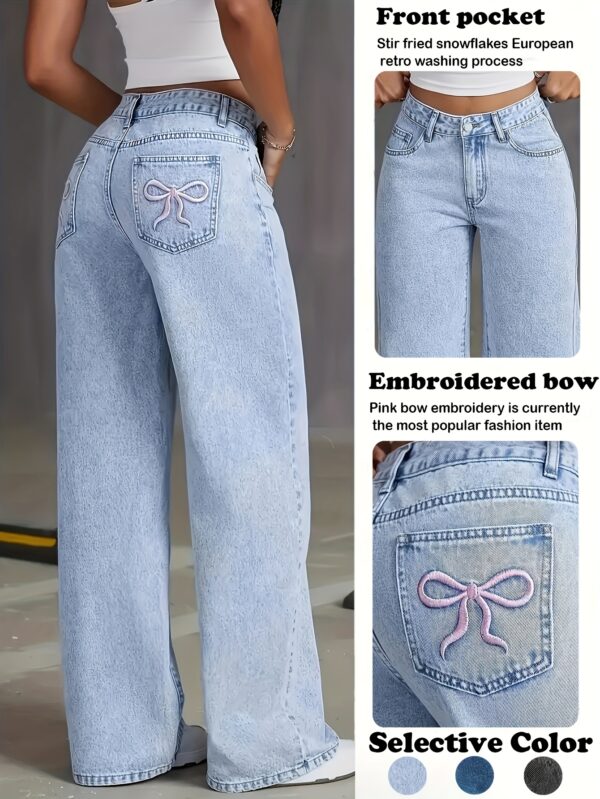 Women's High-Waisted Wide Leg Jeans with Embroidered Bow Detail, Light Blue Denim, Casual Loose Fit, Machine Washable, Comfortable Casual Attire