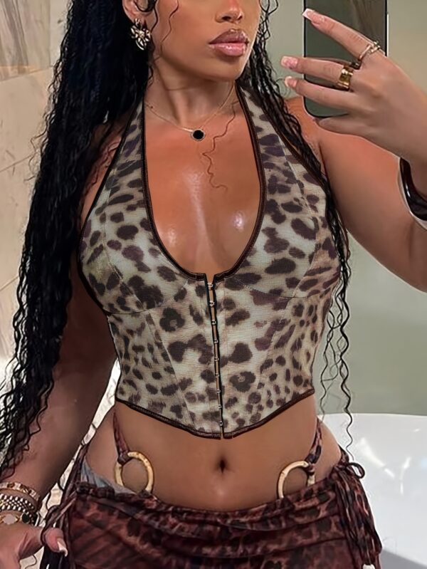 This Is a Women'S Leopard Print Halter Neck Top, a Stylish And Elegant Sleeveless Fitted Shirt for Summer.