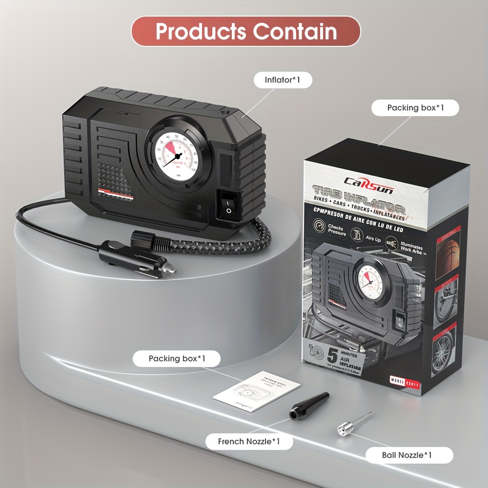 Carsun 150PSI Portable Car Air Compressor Pump - Tire Inflator for Auto, Motorcycle, Bicycle | LED Light | 12V DC Power Supply | Durable Black Design with Gauge Display, Tire Inflation|Compact Size|Gauge Display - Image 5