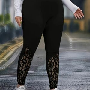 Plus Size Women's Lace Contrast Panel High-Waisted Leggings - 100% Polyester Semi-Sheer Stretchy Yoga Pants with Elegant Lace Detailing, 3-Season Casual to Formal Wear