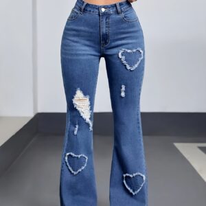Women'S Stretchy Heart Pattern Flare Jeans | Casual Mid-Rise Denim with Raw Hem | Medium Stretch, Zipper Fly | All-Season Comfort | Fashionable Bell Bottoms | Versatile Clothing | Heart Design Jeans, Jeans for Women