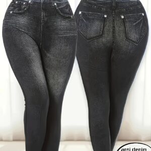 Women'S Stretchy Skinny-Fit Faux Denim Leggings - Elegant Solid Color, All-Season Comfort, Non-Textile Weave, Easy Care, Great for Casual Attire