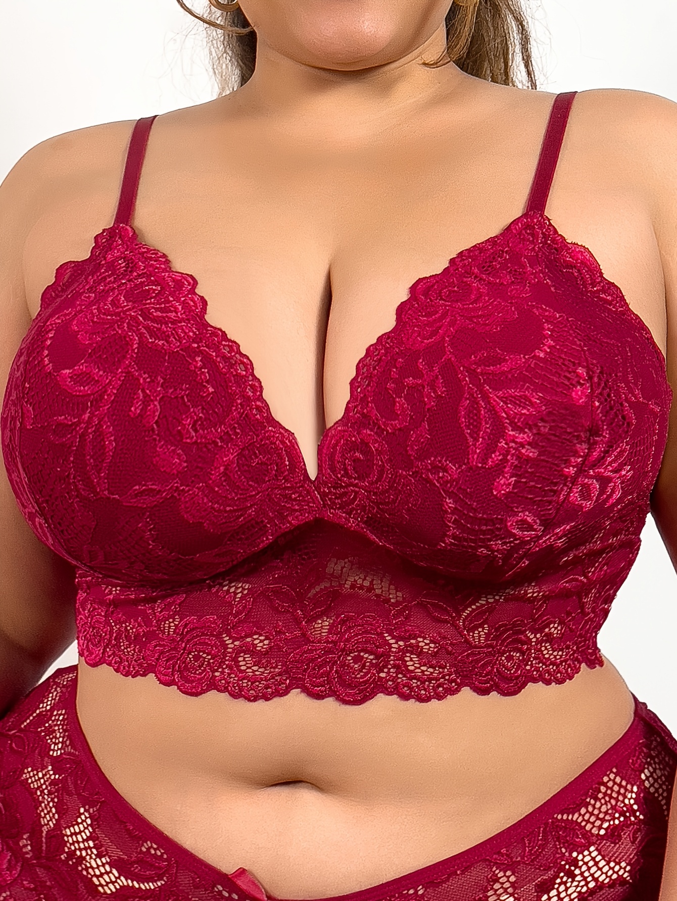 Plus Size Sexy V-Neck Floral Lace Bralette - No Wire, Stretchy Fabric, Contrast Lace Detail, Pullover Style, Perfect for Intimate Wear, Plus Size Bralette | Floral Lace Design | Comfortable Fit, Plus Size Bra - Image 6