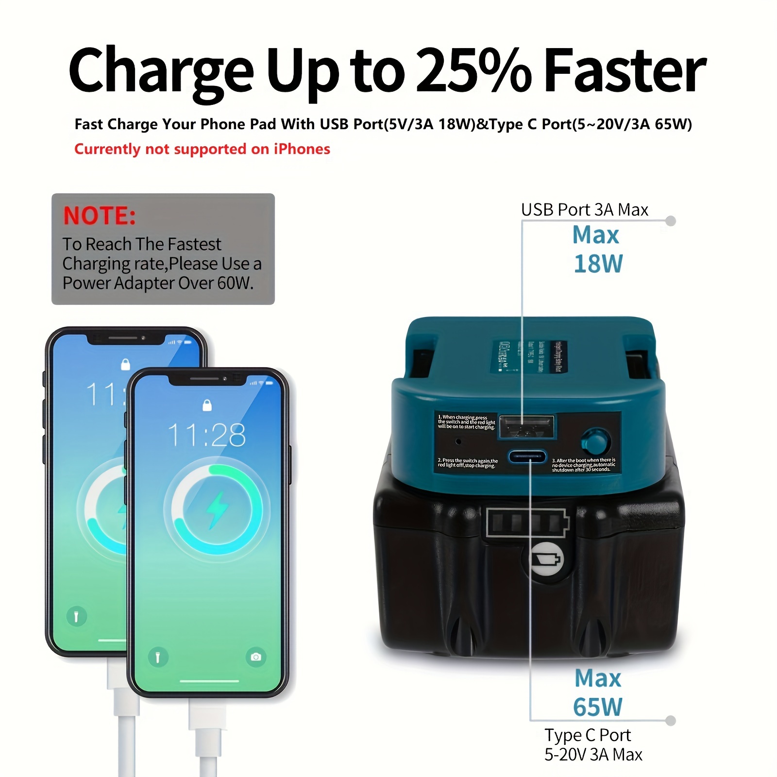 Makita 18V Lithium Battery Fast Charger Dock - Portable Adapter with 5V USB & 18W Type-C Ports, 1pc, Battery Adapter - Image 6