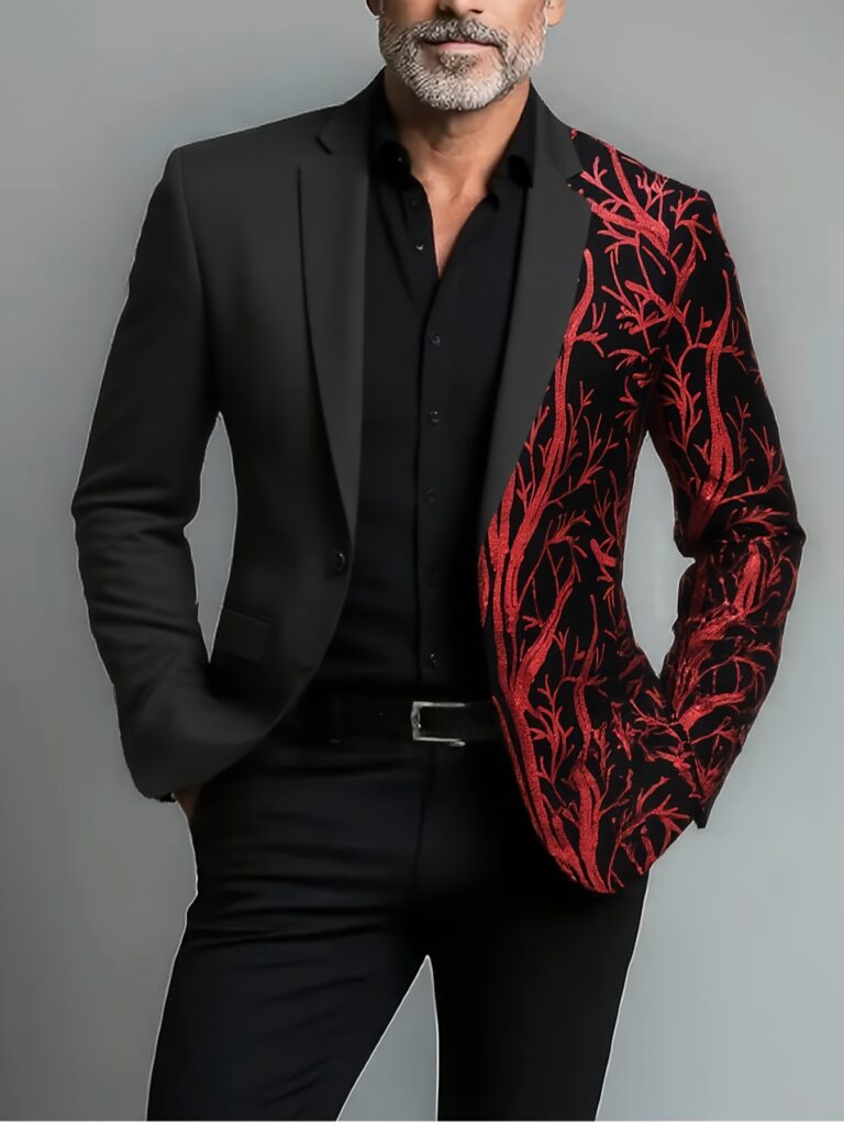 Men'S Black Sequin Lightning Tree Suit - Festive Party & Wedding Attire, Long Sleeve, Single-Breasted, Regular Fit, All-Season Jacket with Red & White Plant Patter