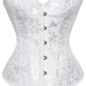 White Lace-Up Corset Top - Strapless, Tummy Control, Slimming Fishbone Bustier with Floral Jacquard Design, Front Hook Closure for Women