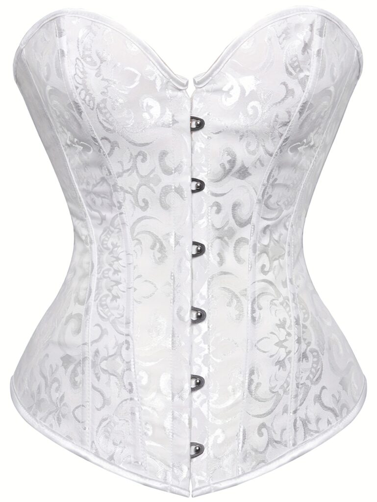 White Lace-Up Corset Top - Strapless, Tummy Control, Slimming Fishbone Bustier with Floral Jacquard Design, Front Hook Closure for Women