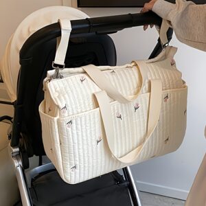 1pc White Quilted Travel Duffel Bag with Embroidered Bird Design - Large Capacity, Lightweight Polyester, Shoulder & Crossbody Straps, Perfect for Essentials & Weekend Getaways, Travel Bag