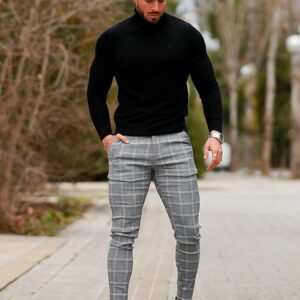 Men's grey checkered minimalist commuting versatile elastic suit formal pants
