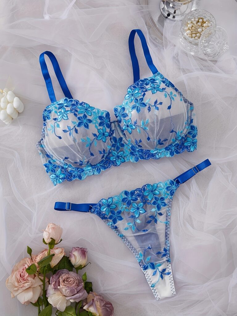 Elegant Floral Embroidered Lingerie Set for Women, Mesh Embroidered Bra And Panties, Plus Size Sexy Lingerie