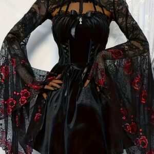 Gothic Style Guipure Lace Open Front Cape, Flare Sleeve Crop Shawl Top For Party & Cosplay, Women's Clothing