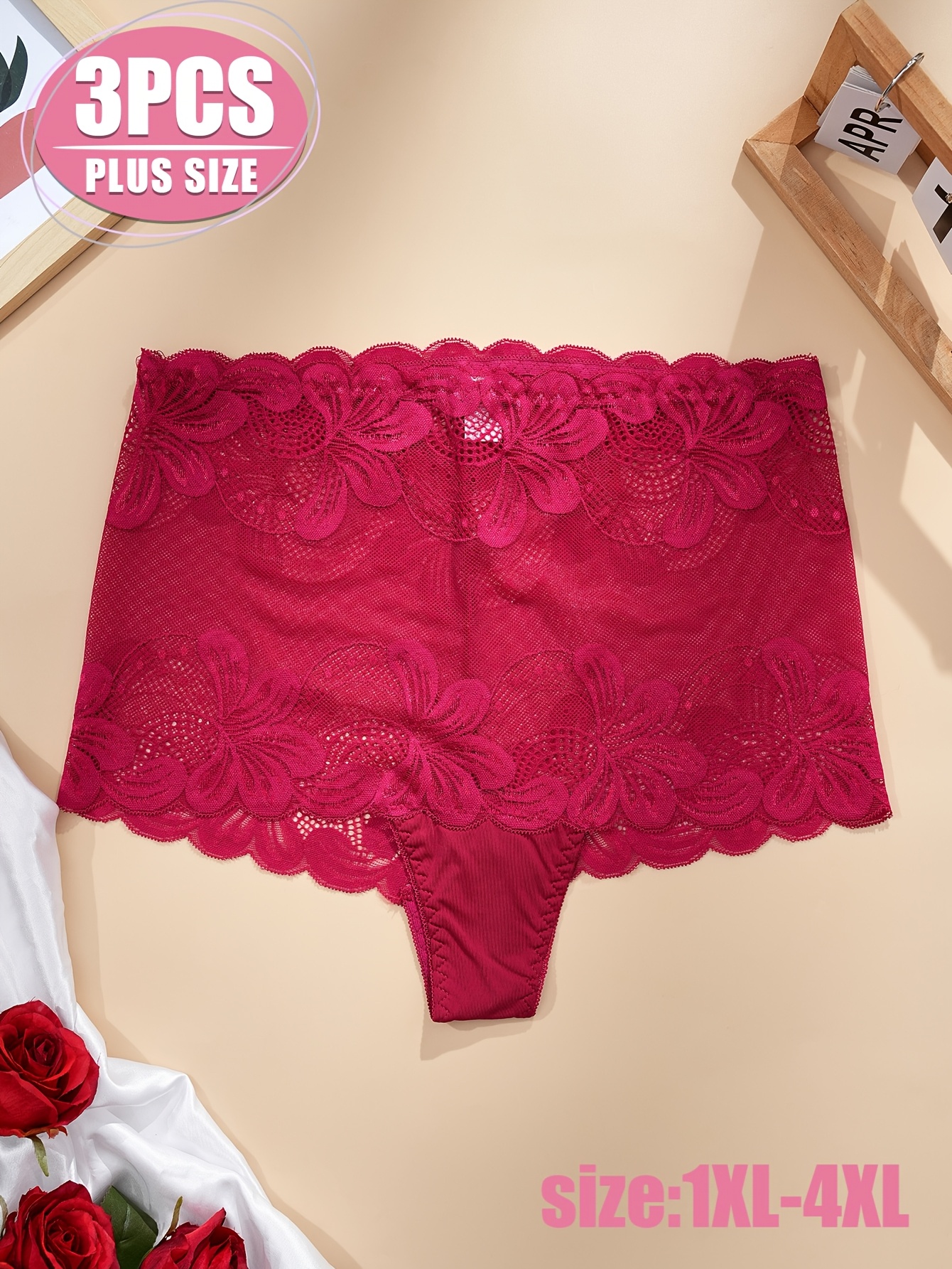 3pcs Plus Size Lace Thong Set for Women - High Stretch Comfort, Contrast Lace Detail, 1XL-4XL, White, Black, and Pink Options, Plus Size Lacewear | Lace Thong Set | Comfortable Fit, Plus Size Underwear - Image 6