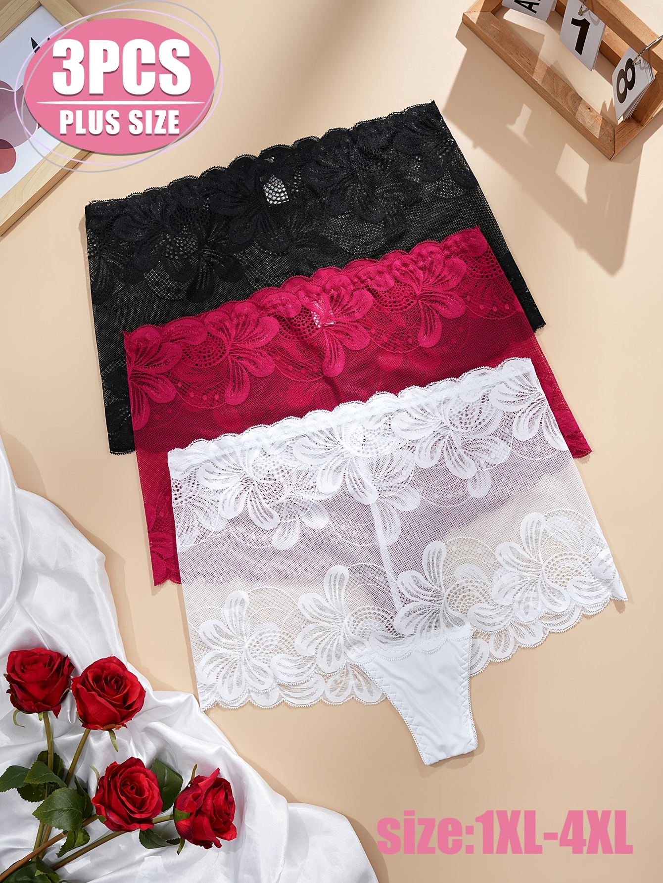 3pcs Plus Size Lace Thong Set for Women - High Stretch Comfort, Contrast Lace Detail, 1XL-4XL, White, Black, and Pink Options, Plus Size Lacewear | Lace Thong Set | Comfortable Fit, Plus Size Underwear - Image 3