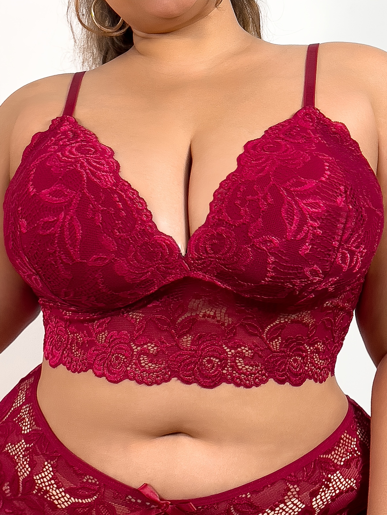 Plus Size Sexy V-Neck Floral Lace Bralette - No Wire, Stretchy Fabric, Contrast Lace Detail, Pullover Style, Perfect for Intimate Wear, Plus Size Bralette | Floral Lace Design | Comfortable Fit, Plus Size Bra - Image 3