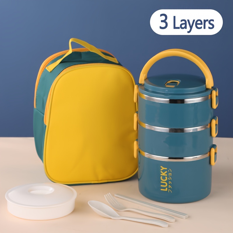 1 Set Stainless Steel Reusable Thermal Lunch Box, with Lunch Bag and Cutlery, Large Capacity Portable Insulated Bento Box, Suitable for School, Picnic, Camping, Students and Workers, Kitchen Supplies - 【Blue】3 Layers + Vegetable Grid + Cutlery + Thermal Bag