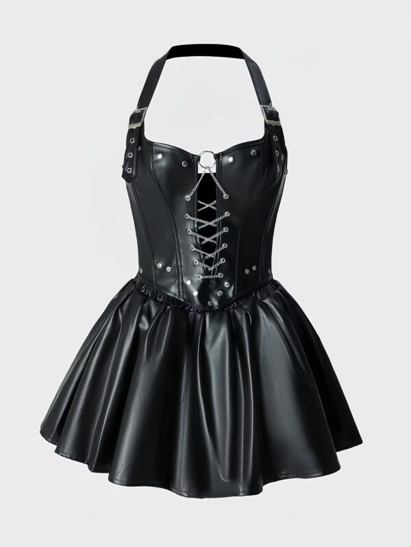 1pc Y2K Style Women'S Faux Leather Corset and Pleated Skirt Set, Sexy Hollow-Out Front with Metal Chain Detail, Cross Lacing Charm, Deep V-Neck, Stretch Fabric, Solid Color, All Seasons