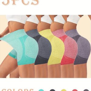 5-Pack High Waisted Hip Lifting Shorts for Women, Seamless Stretchy Leg Shaping Yoga Pants, Polyester 60%, Polyamide 30%, Elastane 10%, Medium Support, Knit Fabric, Solid Color, 245gsm - Lingerie & Underwear